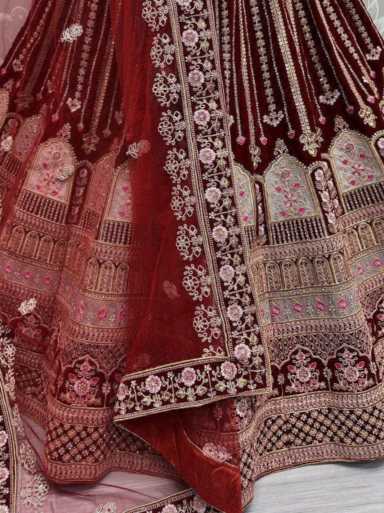 Awesome Dark Maroon Velvet Bridal Lehenga Choli With Dupatta - Ethnic Plus In