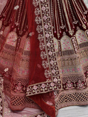 Awesome Dark Maroon Velvet Bridal Lehenga Choli With Dupatta - Ethnic Plus In