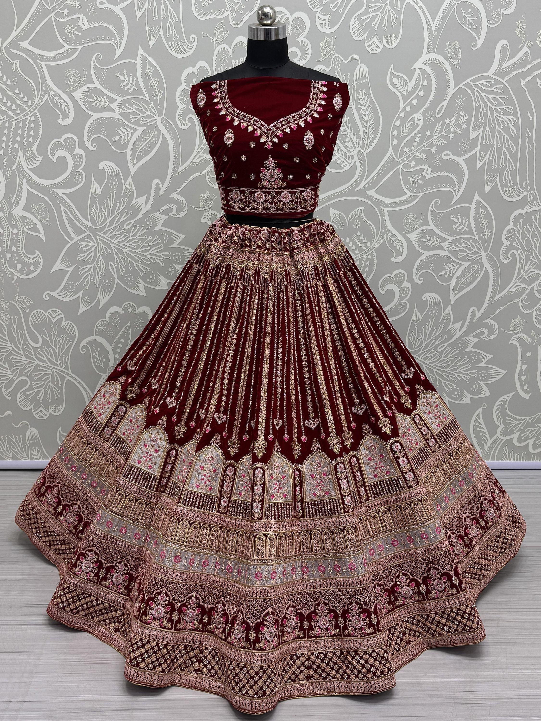 Awesome Dark Maroon Velvet Bridal Lehenga Choli With Dupatta - Ethnic Plus In
