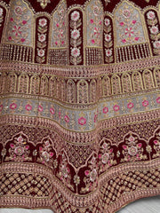 Awesome Dark Maroon Velvet Bridal Lehenga Choli With Dupatta - Ethnic Plus In