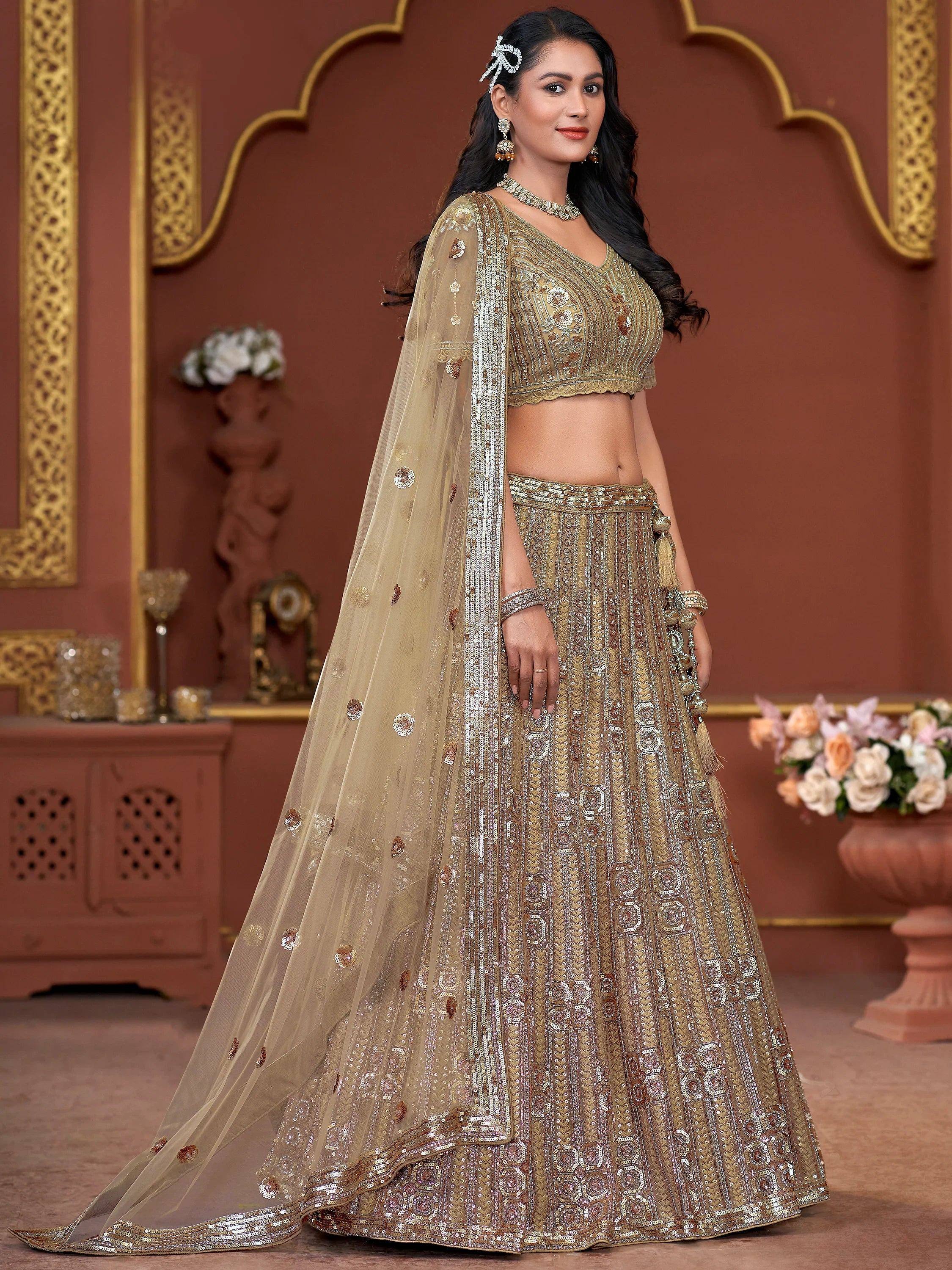 Gold embroidered lehenga choli with sheer dupatta, Indian ethnic wear for weddings and festivals