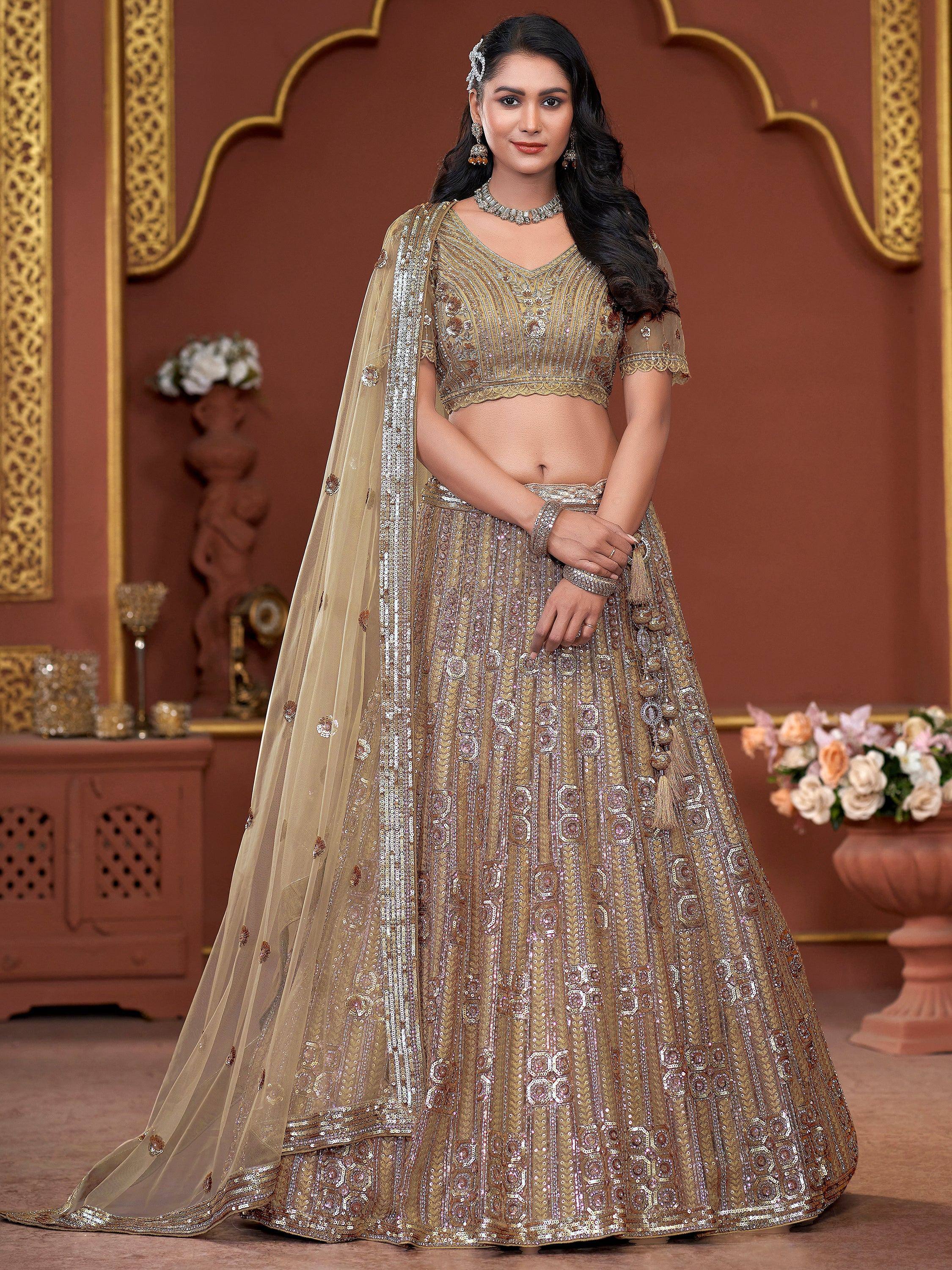 Gold embroidered lehenga choli with sequins and sheer dupatta, Indian ethnic wear for weddings