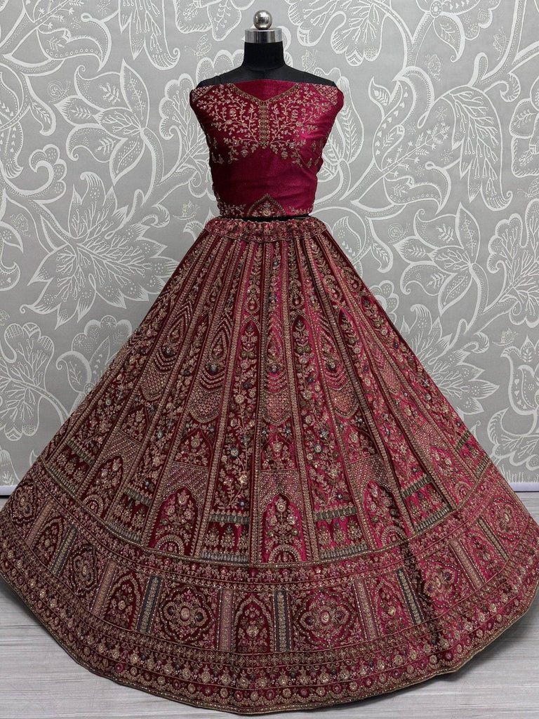 Awesome Hot Pink Sequins Velvet Bridal Lehenga Choli With Double Dupatta - Ethnic Plus In
