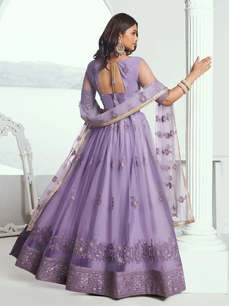 Awesome Lavender Color Embroidered Net Engagement Wear Lehenga Choli - Ethnic Plus In