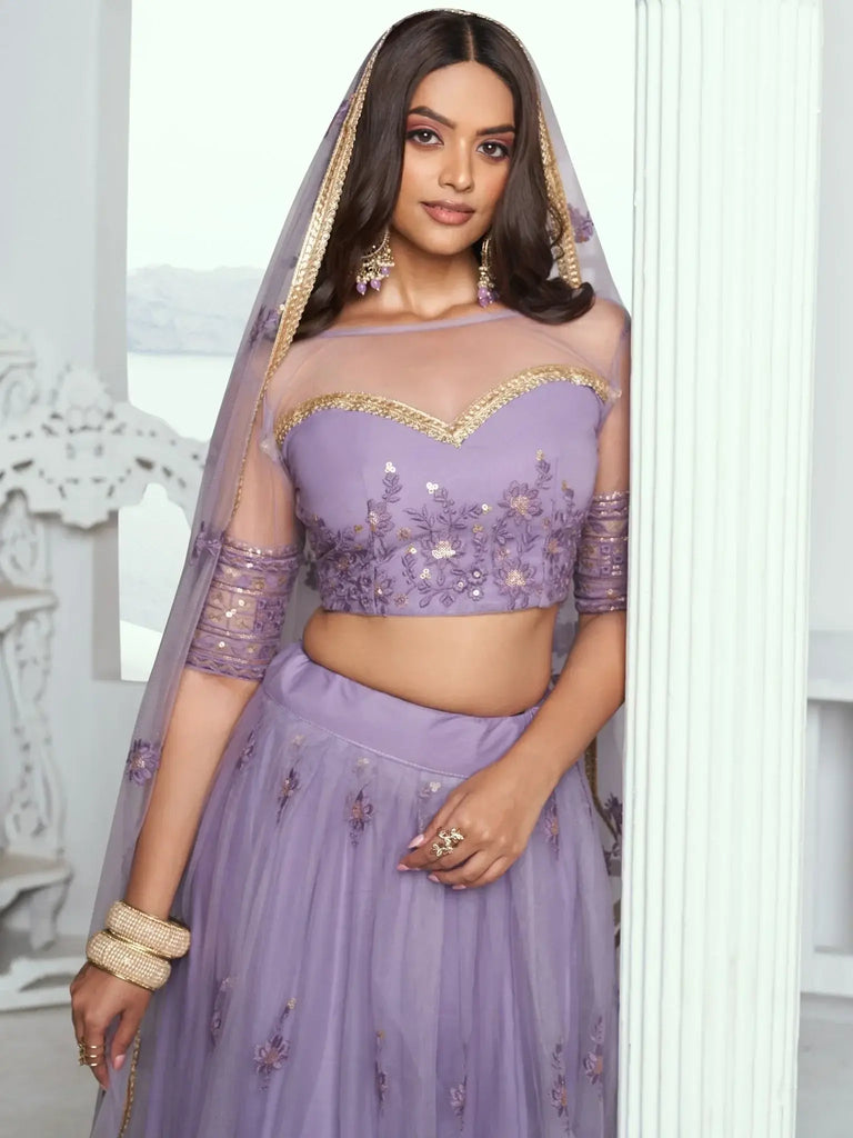 Awesome Lavender Color Embroidered Net Engagement Wear Lehenga Choli - Ethnic Plus In