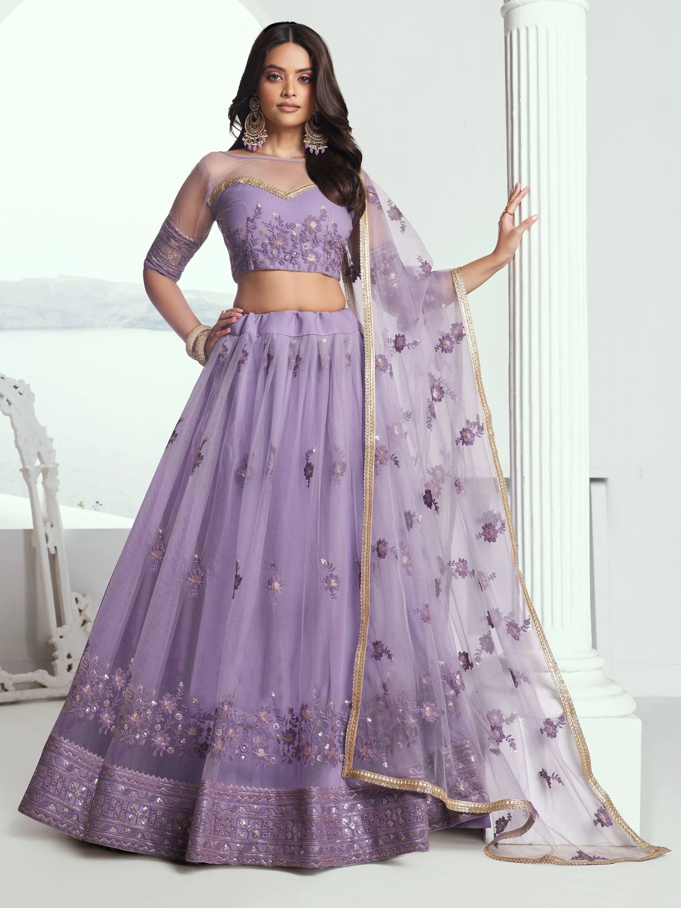Lavender embroidered lehenga choli with sheer dupatta, perfect for Indian ethnic occasions