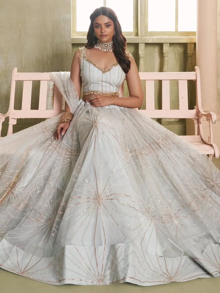 Awesome Light Grey Sequins Net Engagement Wear Lehenga Choli - Ethnic Plus In