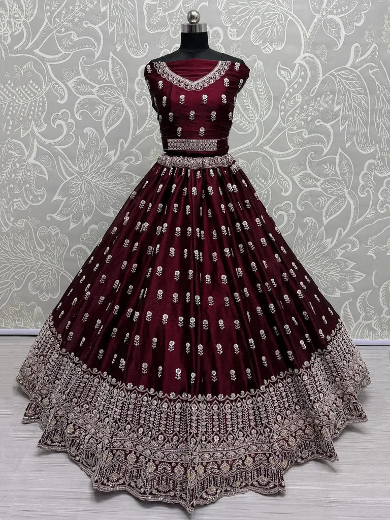 Awesome Maroon Hand Embroidered Silk Wedding Wear Lehenga Choli With Dupatta - Ethnic Plus In