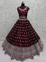 Awesome Maroon Hand Embroidered Silk Wedding Wear Lehenga Choli With Dupatta - Ethnic Plus In