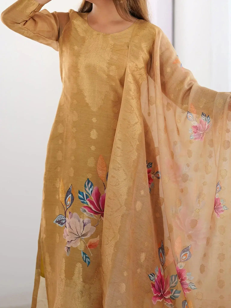 Awesome Mustard Gold Chanderi Jacquard Work Festival Wear Straight Suit - Ethnic Plus In
