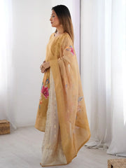 Awesome Mustard Gold Chanderi Jacquard Work Festival Wear Straight Suit - Ethnic Plus In