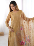 Awesome Mustard Gold Chanderi Jacquard Work Festival Wear Straight Suit - Ethnic Plus In