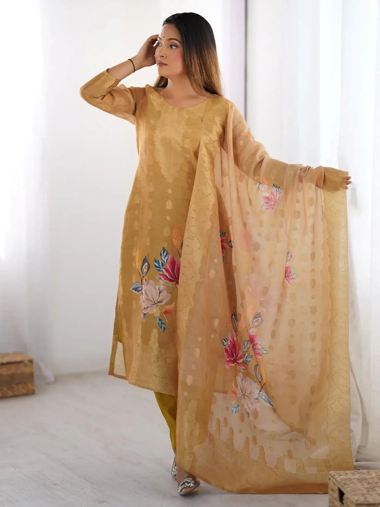 Awesome Mustard Gold Chanderi Jacquard Work Festival Wear Straight Suit - Ethnic Plus In