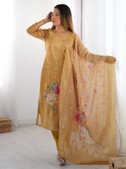Awesome Mustard Gold Chanderi Jacquard Work Festival Wear Straight Suit - Ethnic Plus In