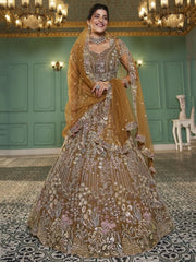 Awesome Mustard Yellow Embroidered Net Wedding Lehenga Choli - Ethnic Plus In