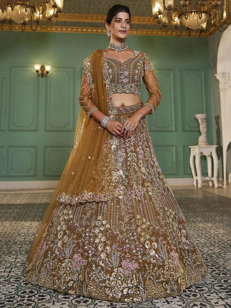 Awesome Mustard Yellow Embroidered Net Wedding Lehenga Choli - Ethnic Plus In