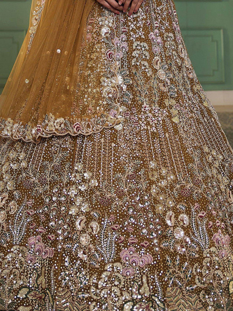 Awesome Mustard Yellow Embroidered Net Wedding Lehenga Choli - Ethnic Plus In