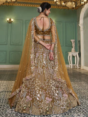 Awesome Mustard Yellow Embroidered Net Wedding Lehenga Choli - Ethnic Plus In