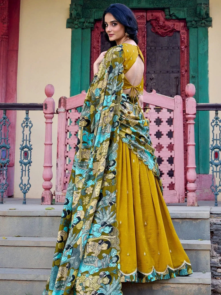Awesome Mustard Yellow Sequins Vichitra Silk Haldi Wear Lehenga Choli - Ethnic Plus In
