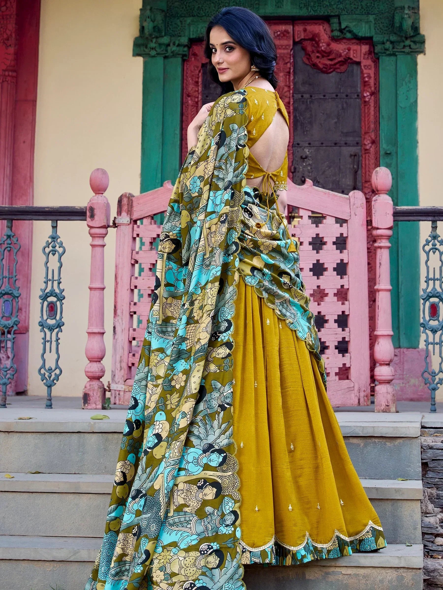 Mustard yellow lehenga choli with blue-green printed dupatta, ethnic Indian wear for women