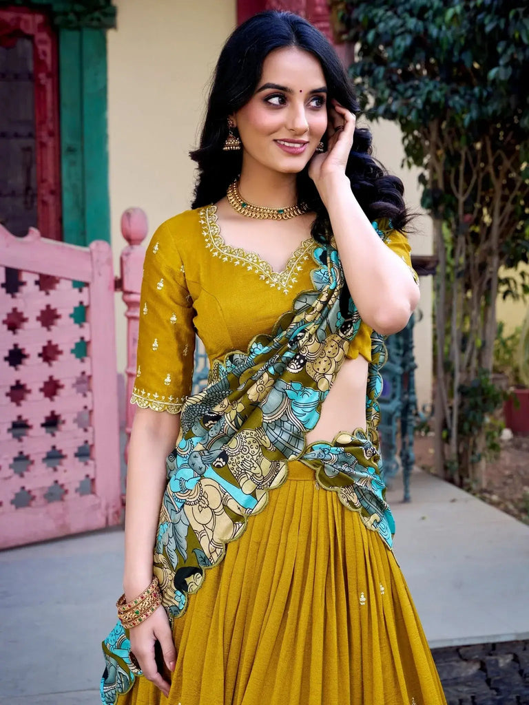 Awesome Mustard Yellow Sequins Vichitra Silk Haldi Wear Lehenga Choli - Ethnic Plus In