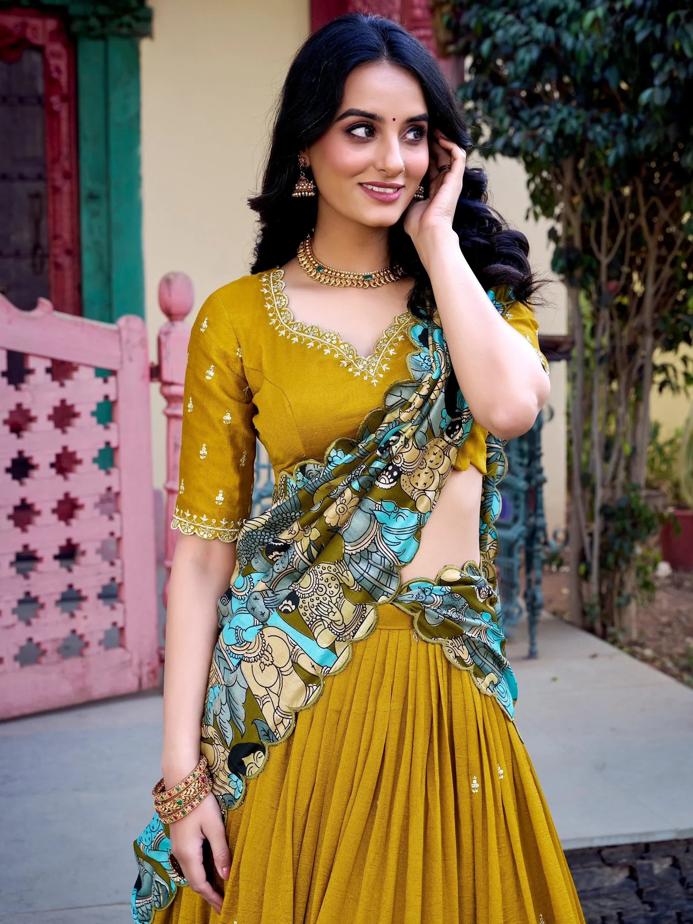 Mustard yellow lehenga choli with printed dupatta, ethnic Indian wear for women