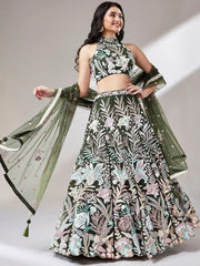 Awesome Olive Green Sequins Art Soft Net Mehendi Wear Lehenga Choli - Ethnic Plus In