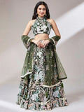 Awesome Olive Green Sequins Art Soft Net Mehendi Wear Lehenga Choli - Ethnic Plus In