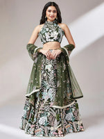 Awesome Olive Green Sequins Art Soft Net Mehendi Wear Lehenga Choli