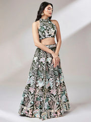 Awesome Olive Green Sequins Art Soft Net Mehendi Wear Lehenga Choli - Ethnic Plus In