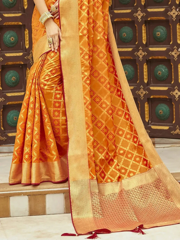 Awesome Orange Zari Weaving Silk Traditional Saree With Blouse - Ethnic Plus In