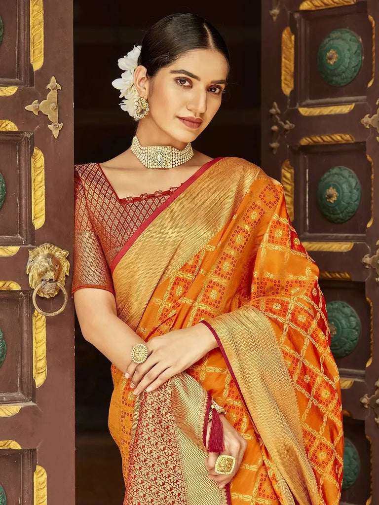 Awesome Orange Zari Weaving Silk Traditional Saree With Blouse - Ethnic Plus In