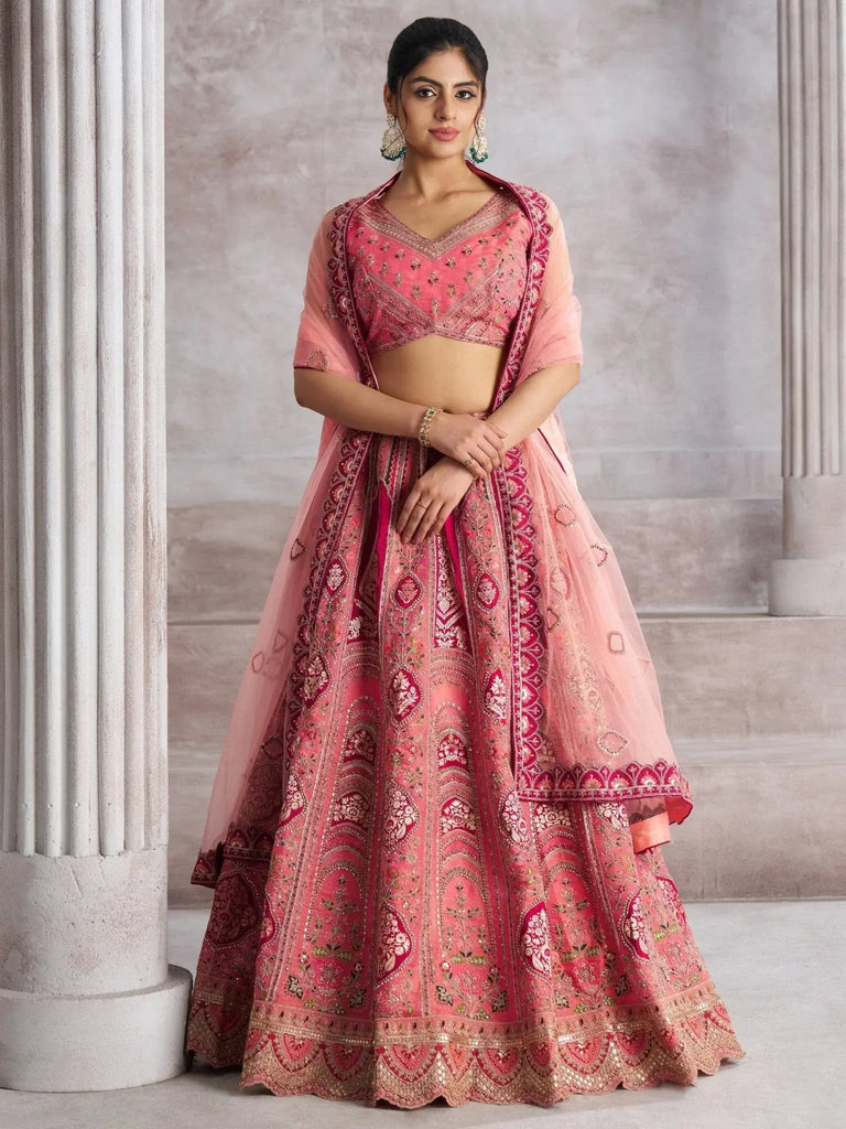 Awesome Pink Aari Work Banarasi Silk Wedding Lehenga With Dupatta - Ethnic Plus In
