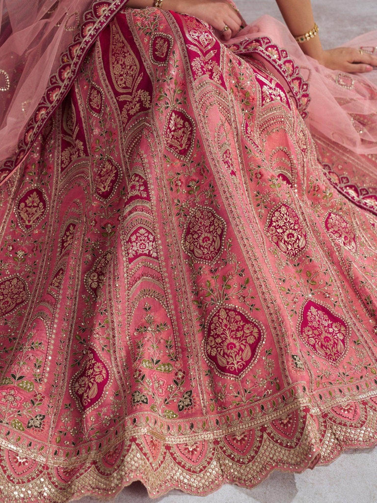 Awesome Pink Aari Work Banarasi Silk Wedding Lehenga With Dupatta - Ethnic Plus In
