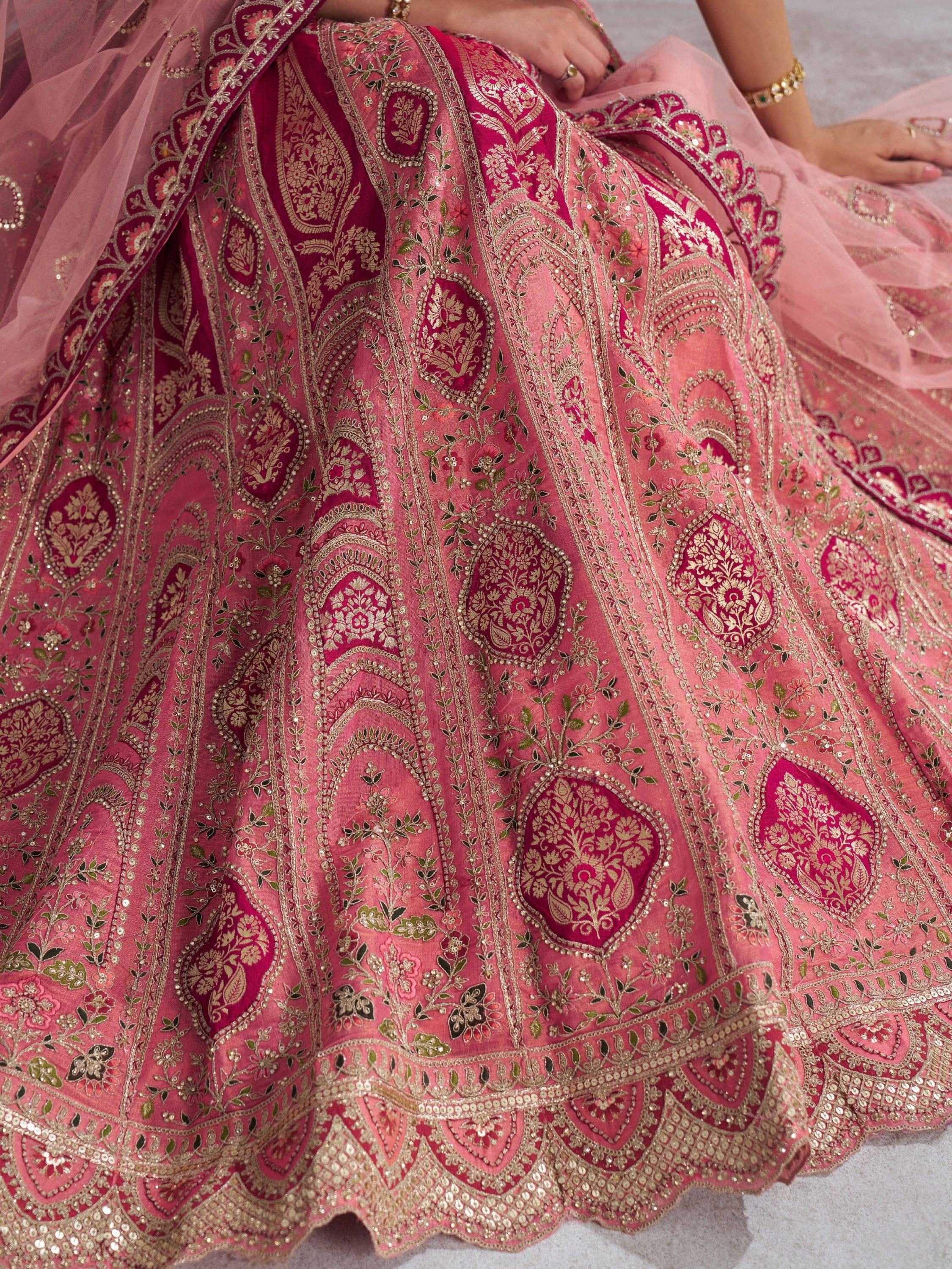 Pink designer lehenga with gold embroidery and floral motifs, Indian ethnic wear