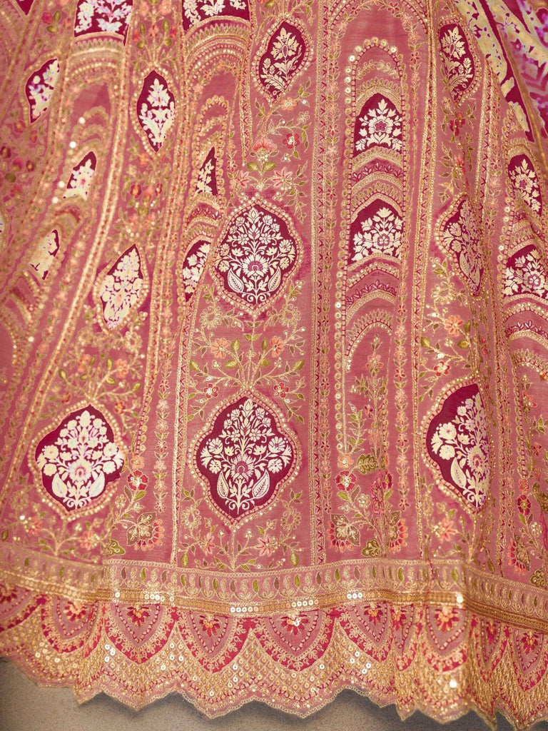 Awesome Pink Aari Work Banarasi Silk Wedding Lehenga With Dupatta - Ethnic Plus In