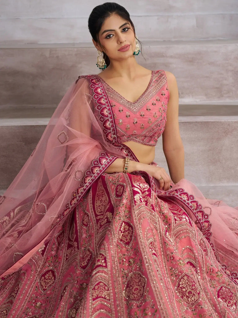 Awesome Pink Aari Work Banarasi Silk Wedding Lehenga With Dupatta - Ethnic Plus In