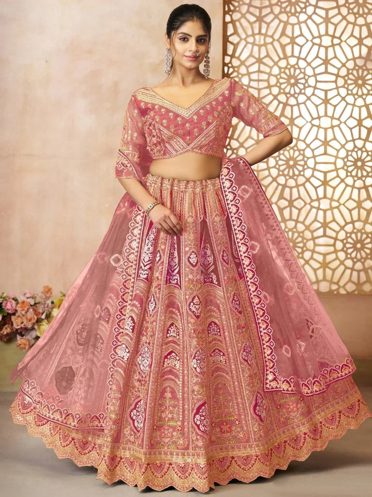 Awesome Pink Aari Work Banarasi Silk Wedding Lehenga With Dupatta - Ethnic Plus In