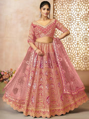 Awesome Pink Aari Work Banarasi Silk Wedding Lehenga With Dupatta - Ethnic Plus In