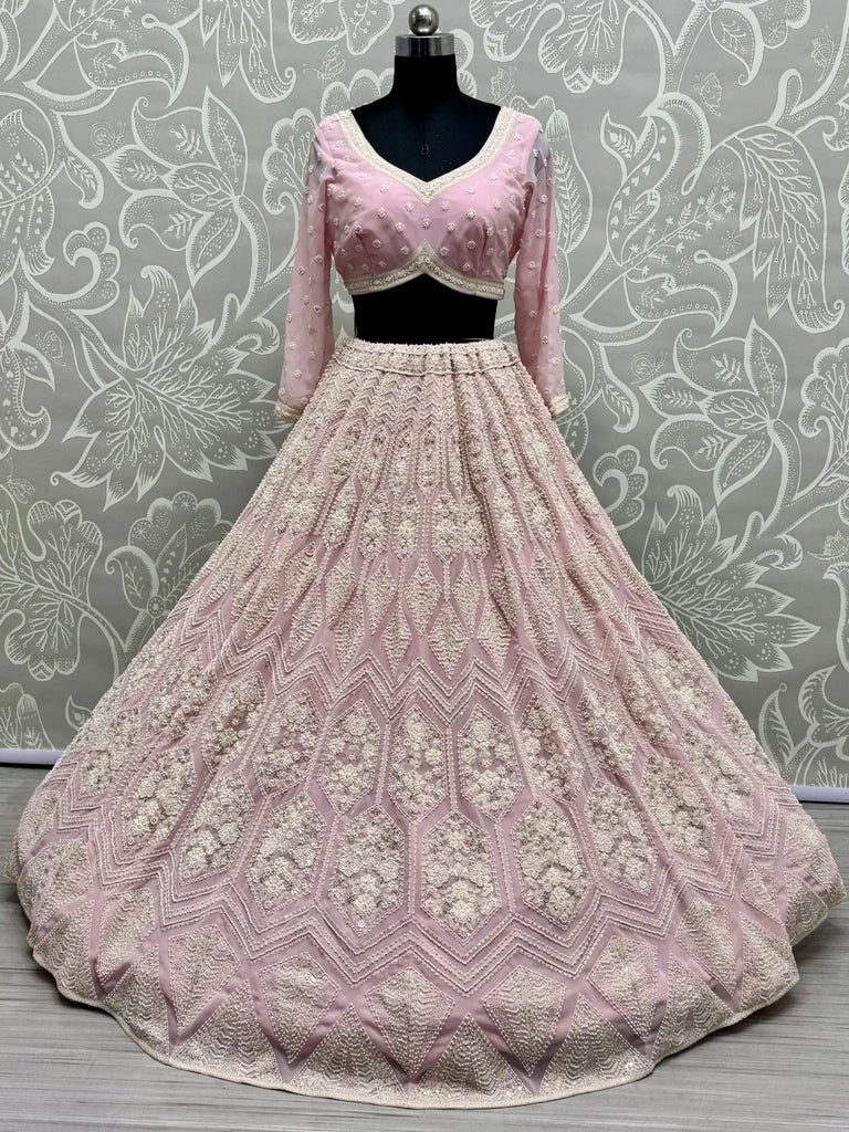 Awesome Pink Pearl Work Georgette Reception Wear Lehenga Choli - Ethnic Plus In