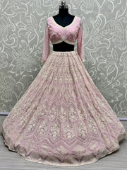 Awesome Pink Pearl Work Georgette Reception Wear Lehenga Choli - Ethnic Plus In