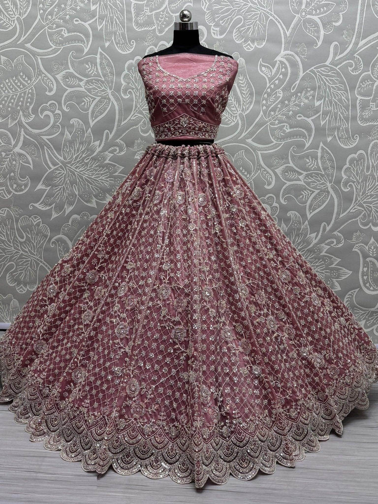 Awesome Pink Thread Work Net Wedding Wear Lehenga Choli - Ethnic Plus In