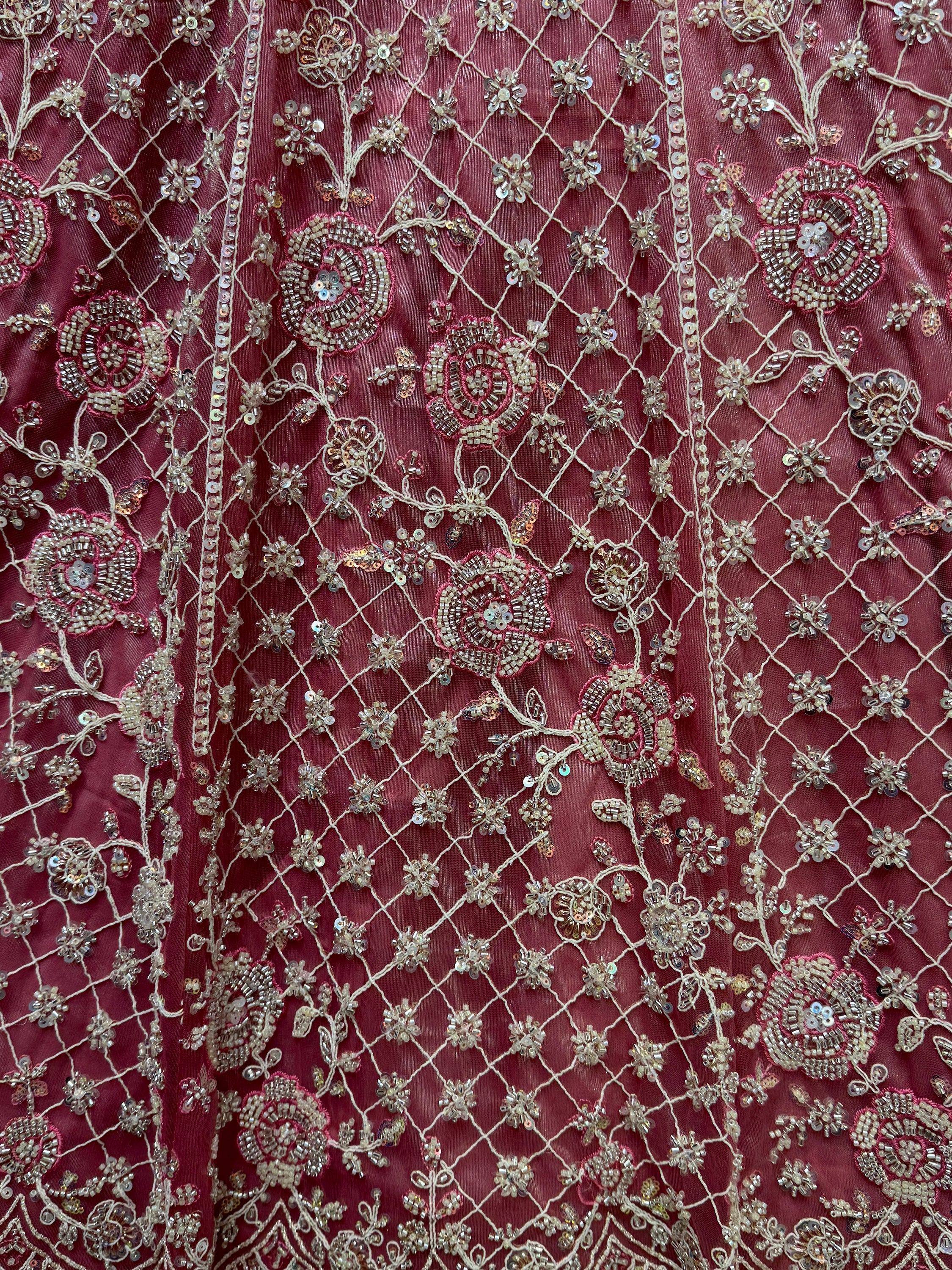 Rich maroon ethnic fabric with intricate floral beadwork and sequin embroidery for designer lehenga or saree