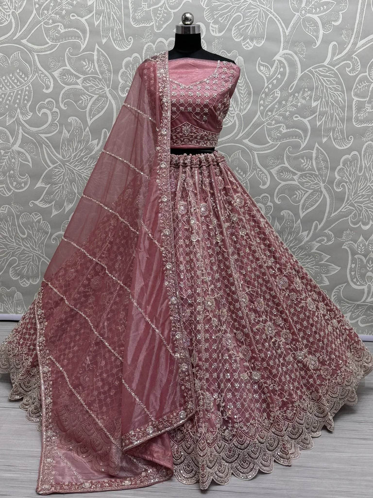 Awesome Pink Thread Work Net Wedding Wear Lehenga Choli - Ethnic Plus In