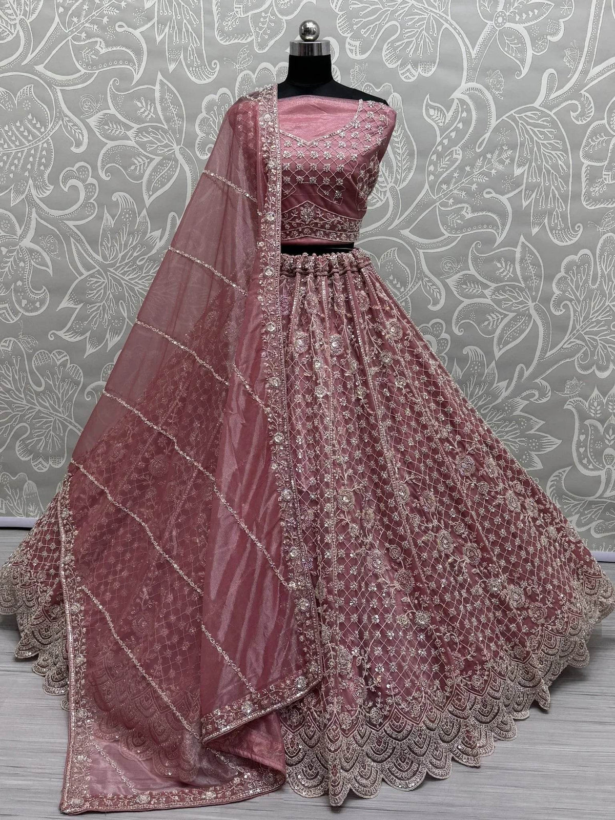 Awesome Pink Thread Work Net Wedding Wear Lehenga Choli - Ethnic Plus In