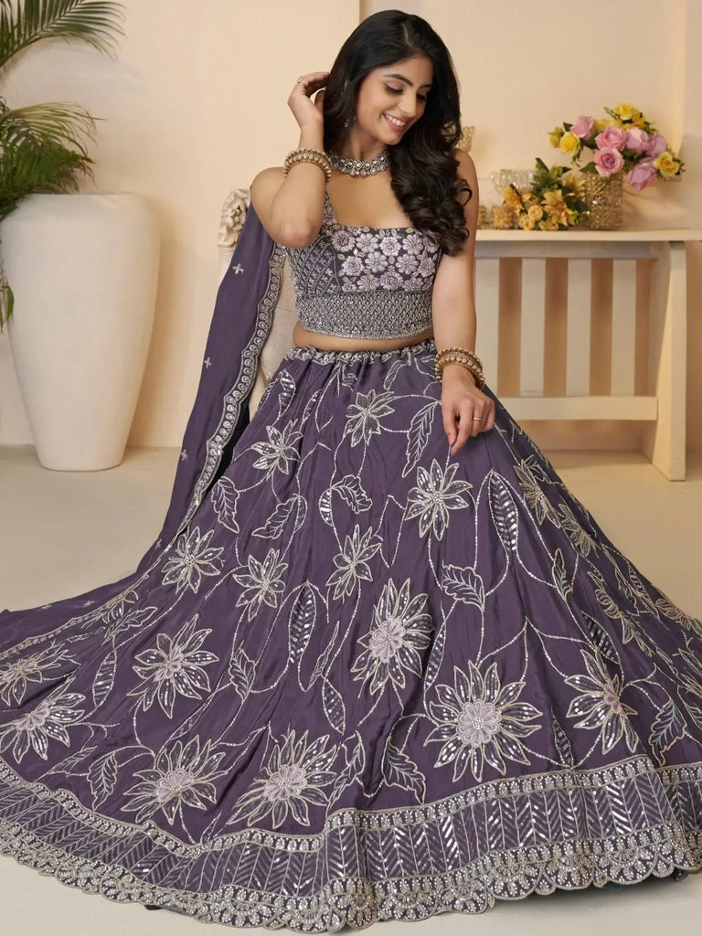 Awesome Purple Thread Embroidered Satin Sangeet Wear Lehenga Choli - Ethnic Plus In
