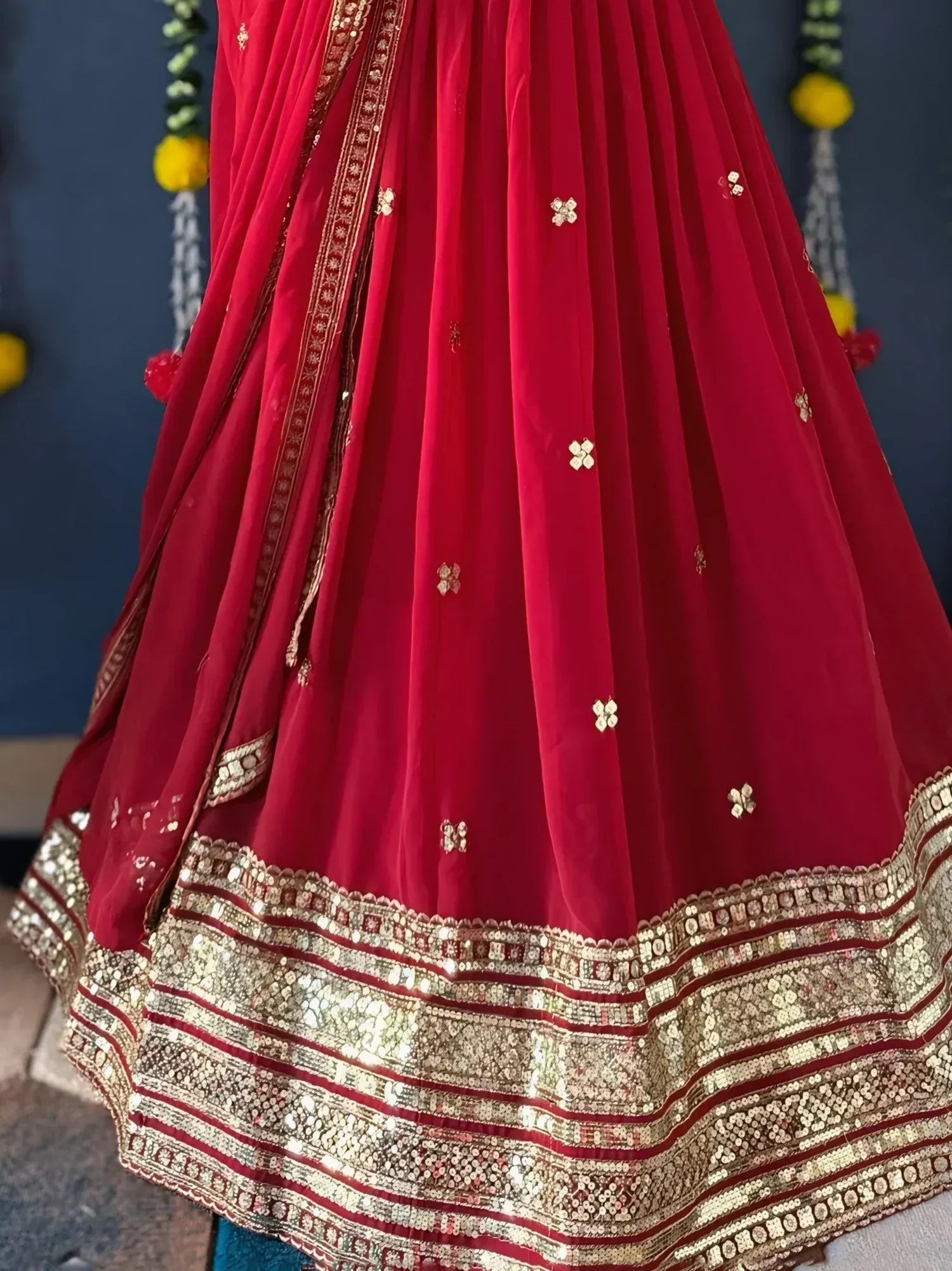 Red lehenga with gold floral embroidery and sequin border, Indian ethnic wear