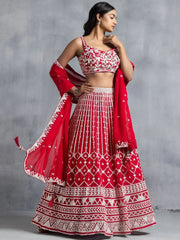 Awesome Red Thread Embroidered Georgette Wedding Lehenga Choli - Ethnic Plus In