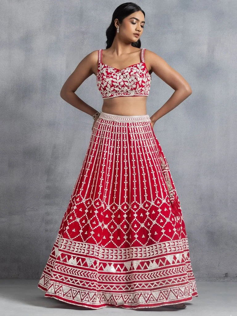 Awesome Red Thread Embroidered Georgette Wedding Lehenga Choli - Ethnic Plus In