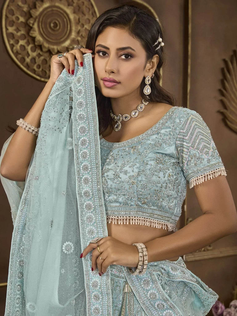 Awesome Sky - Blue Embroidered Net Wedding Wear Lehenga Choli - Ethnic Plus In
